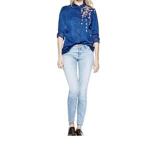 GUESS Floral Soft Denim EMBROIDED BOYFRIEND SHIRT S NWT , W/pearl Snaps